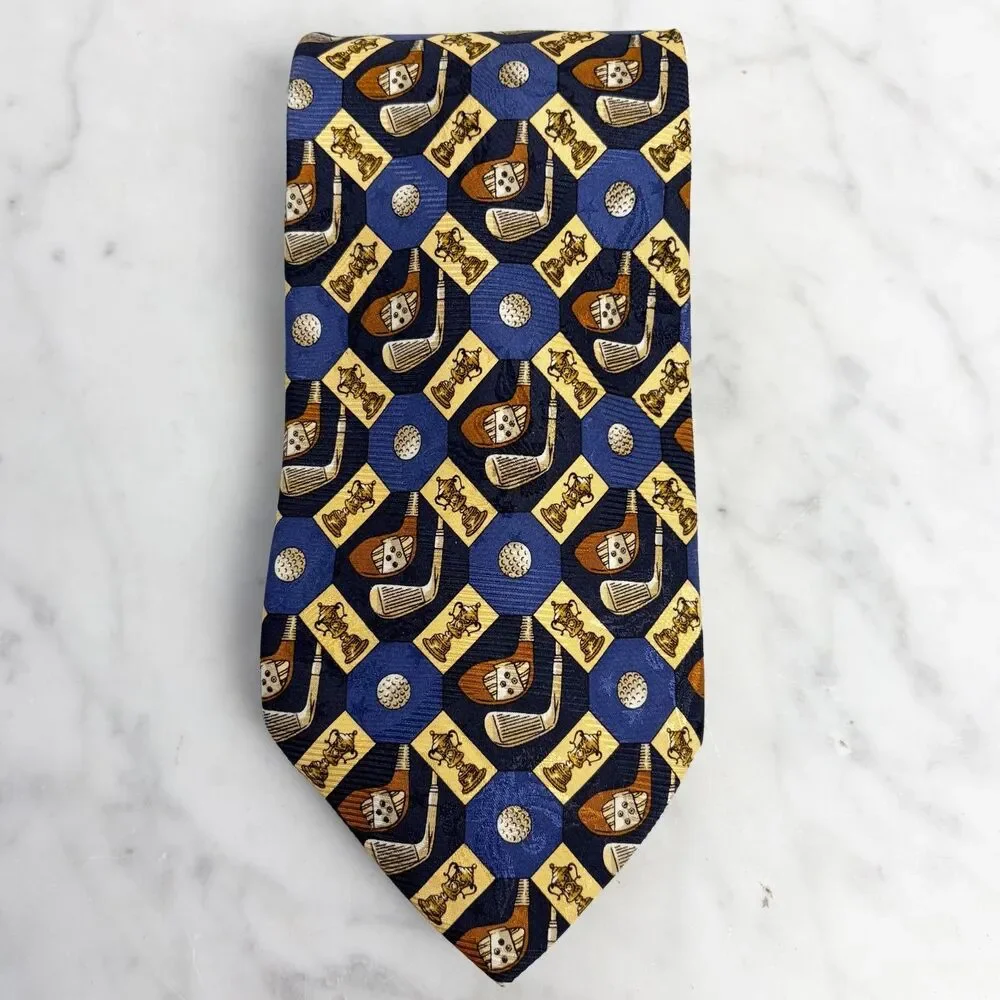 Robert Talbott Silk Tie Golf Trophy Clubs Balls Blue Gold Brown Made in USA